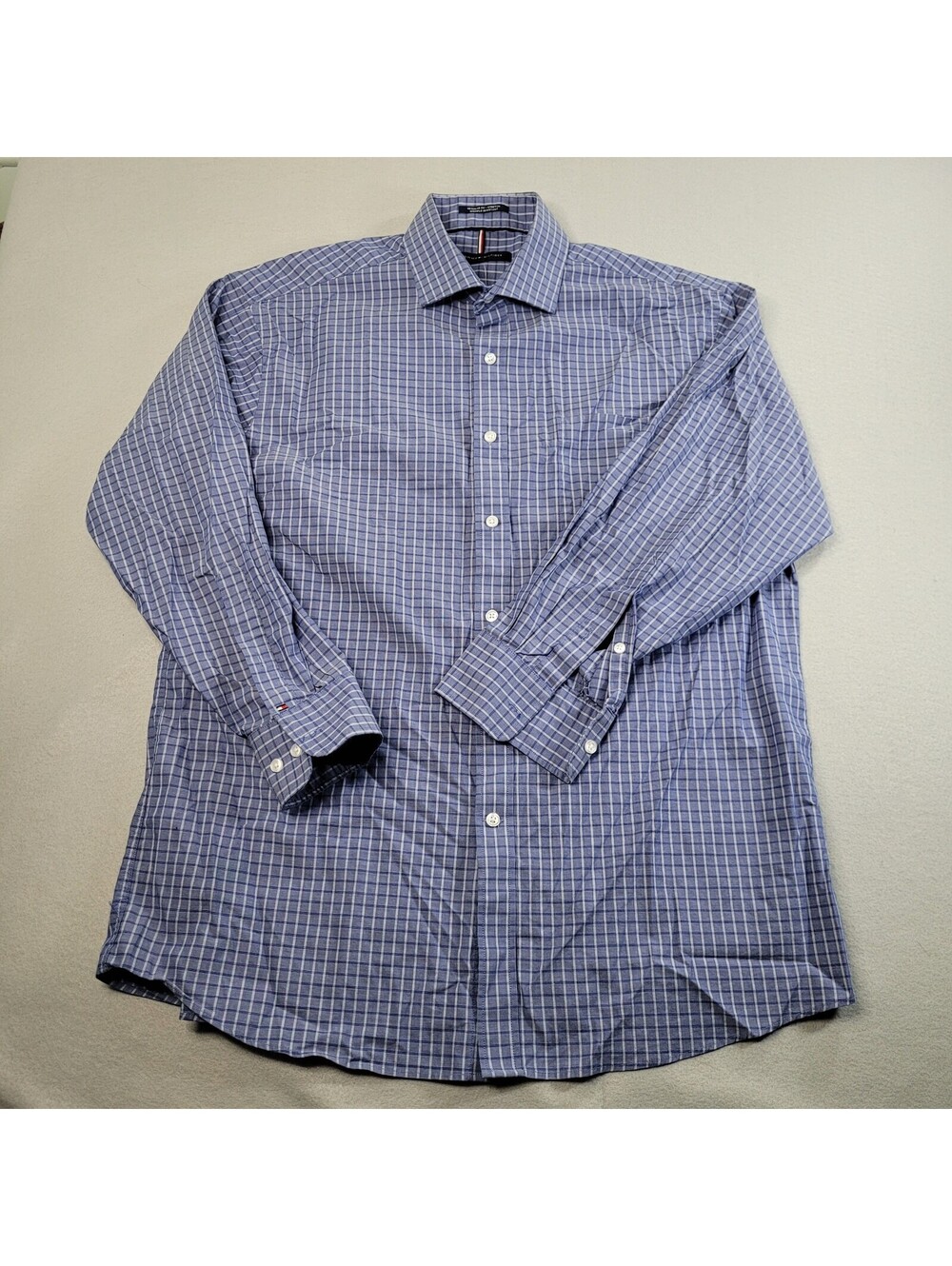 Tommy Hilfiger Mens Shirt L Regular Fit Stretch Blue Plaid Dress Long Sleeve 16 - Picture 1 of 8